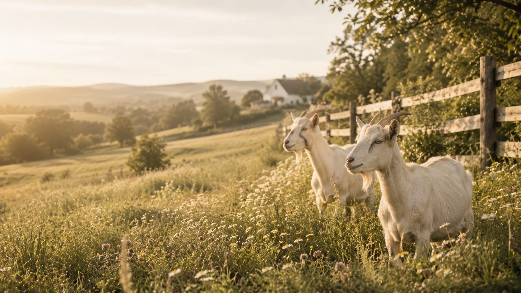 Dairy goats grazing in a wildflower meadow by the farmhouse